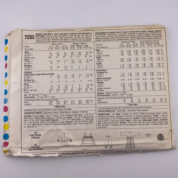 🪡 McCall'sSewing Pattern, Raggedy Ann and Andy Costumes Sewing Pattern 7232 - Picture 3 of 5